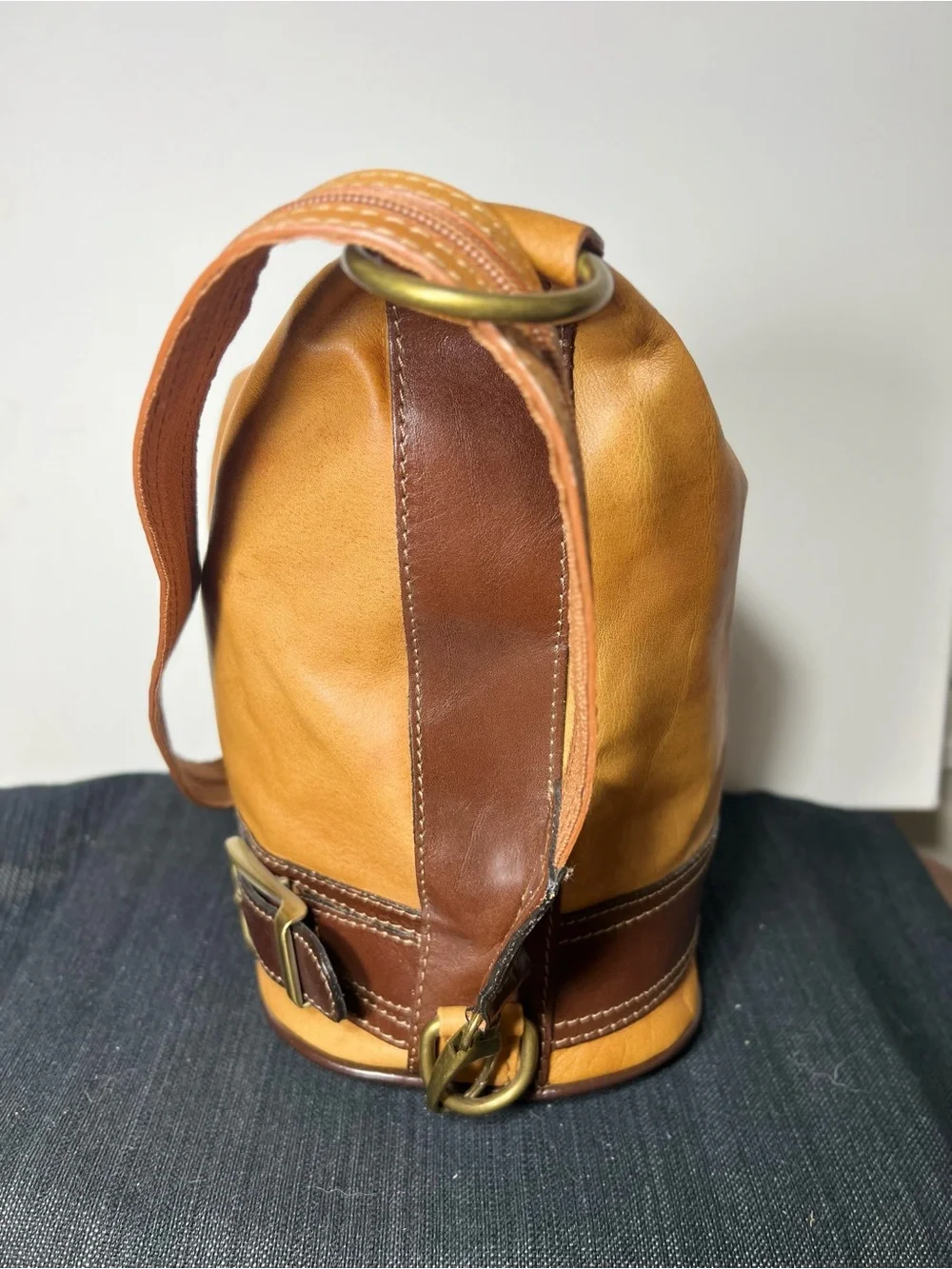 Genuine Italian Leather Bucket Shoulder Bag Brown Two Tone Italy